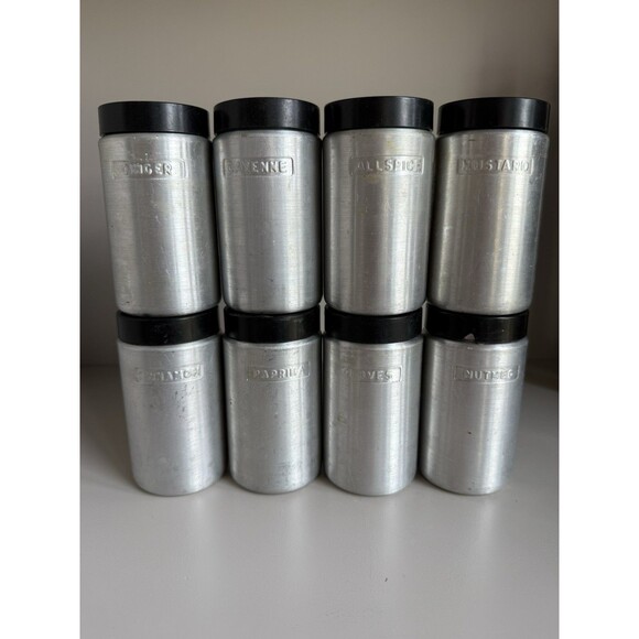 Vintage Kromex Spun Aluminum Spice Containers Lids Set of 8 - Picture 1 of 16